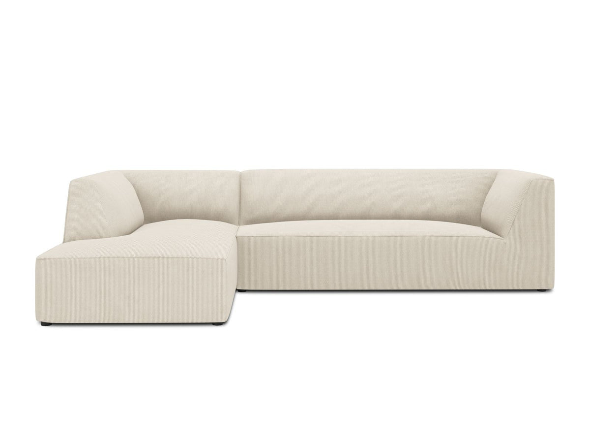 Modulares Ecksofa Siena links, 4-Sitzer, Light Beige-Scala Stoff, Massivholzrahmen, schwarze Kunststoffbeine, Sitzhöhe 40 cm.