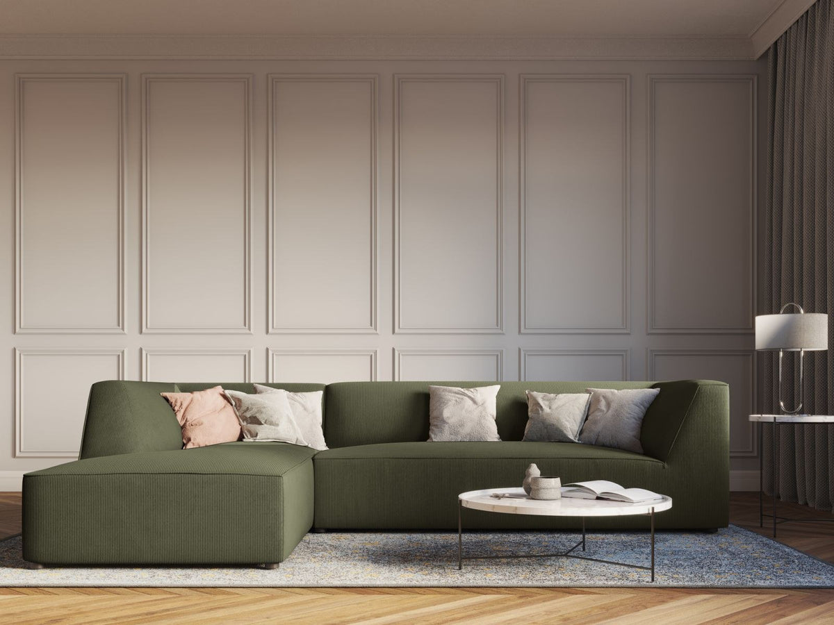 Modulares Ecksofa Siena links, 4-Sitzer, Light Beige-Scala Stoff, Massivholzrahmen, schwarze Kunststoffbeine, Sitzhöhe 40 cm.