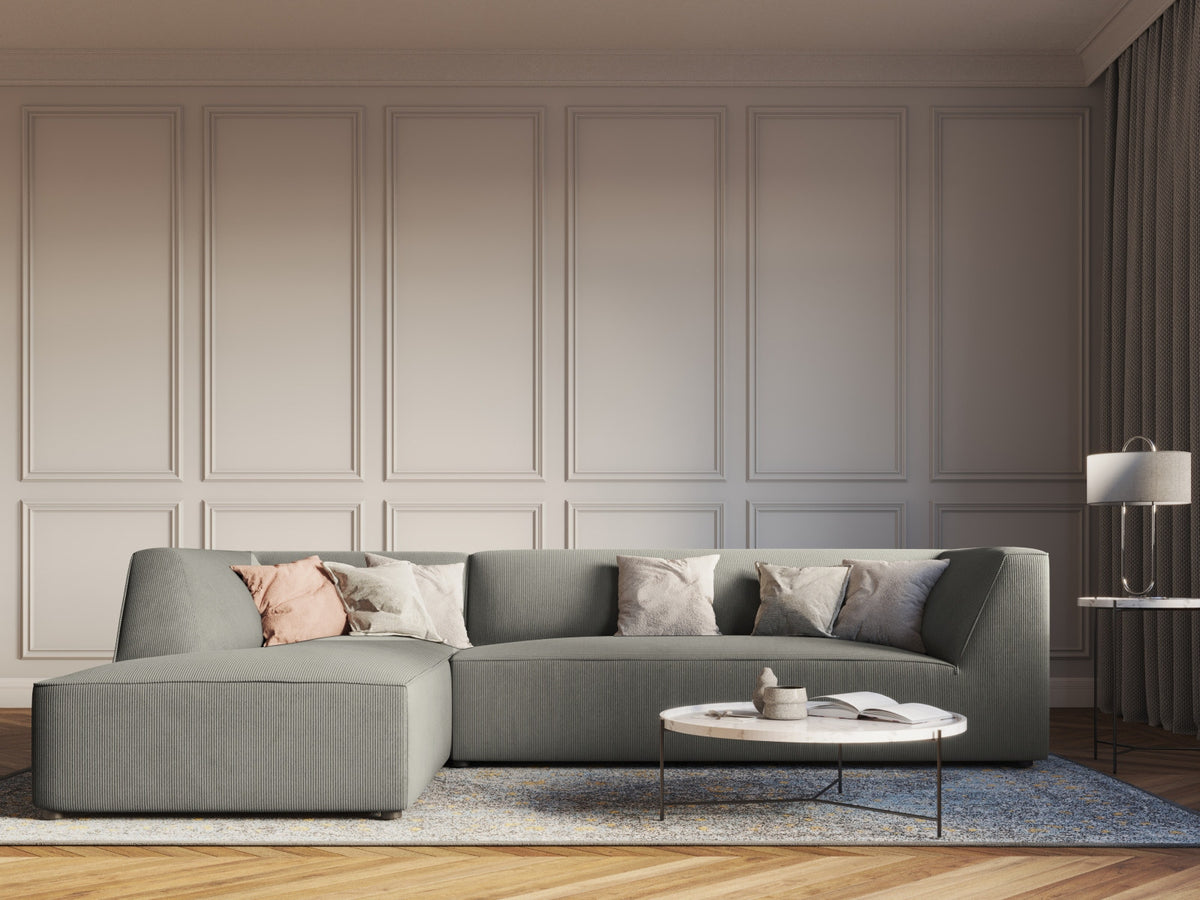 Modulares Ecksofa Siena links, 4-Sitzer, Light Beige-Scala Stoff, Massivholzrahmen, schwarze Kunststoffbeine, Sitzhöhe 40 cm.