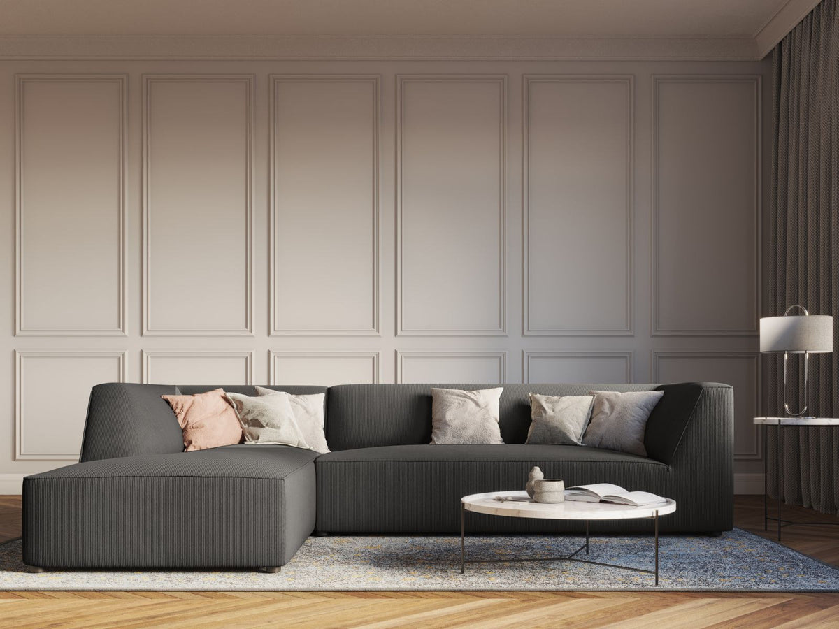Modulares Ecksofa Siena links, 4-Sitzer, Light Beige-Scala Stoff, Massivholzrahmen, schwarze Kunststoffbeine, Sitzhöhe 40 cm.