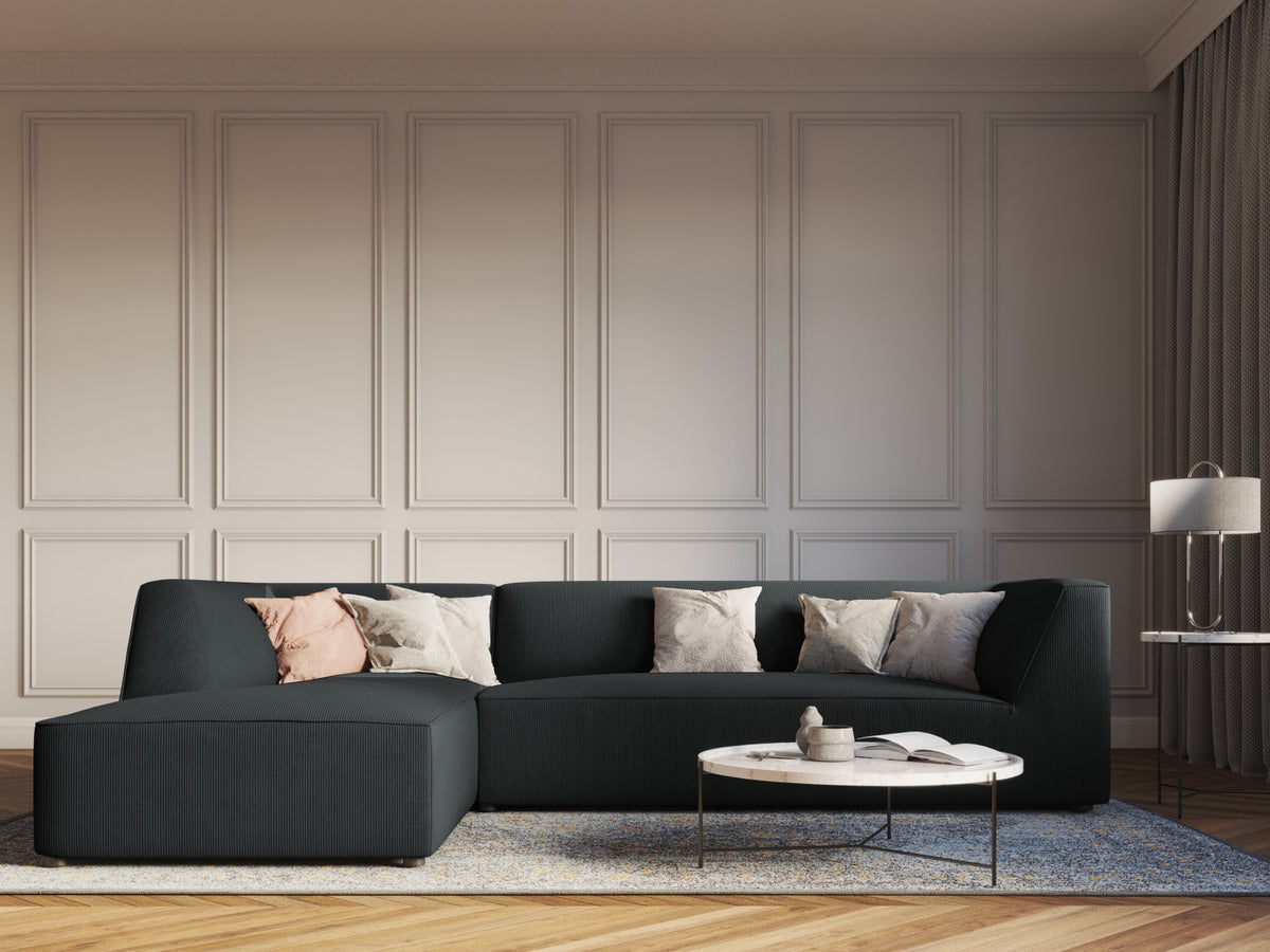Modulares Ecksofa Siena links, 4-Sitzer, Light Beige-Scala Stoff, Massivholzrahmen, schwarze Kunststoffbeine, Sitzhöhe 40 cm.