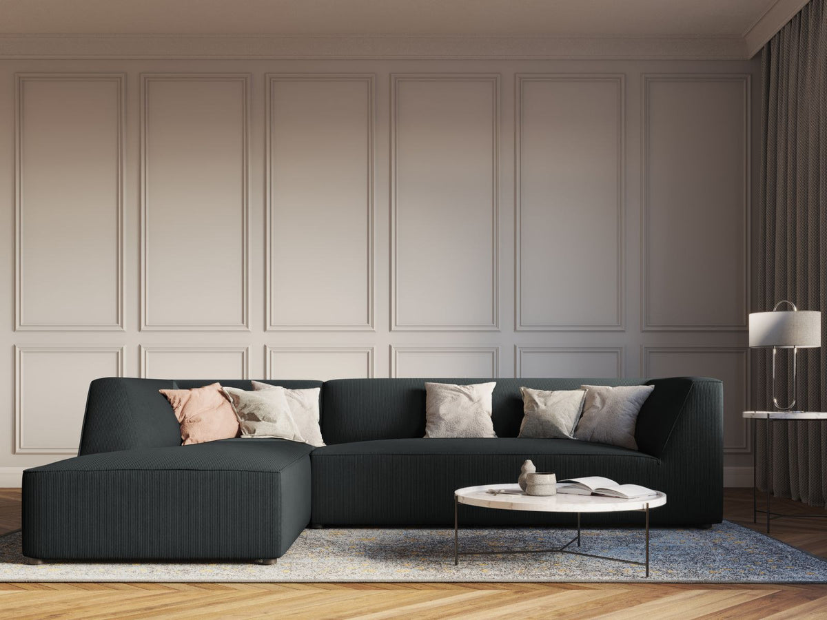 Modulares Ecksofa Siena links, 4-Sitzer, Light Beige-Scala Stoff, Massivholzrahmen, schwarze Kunststoffbeine, Sitzhöhe 40 cm.