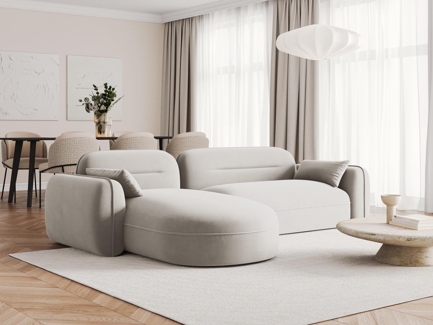 Stylisches Sydney Velour Ecksofa in sanftem Beige, perfekt für gesellige Runden und stilvolle Wohnräume, vereint Komfort und modernes Flair.