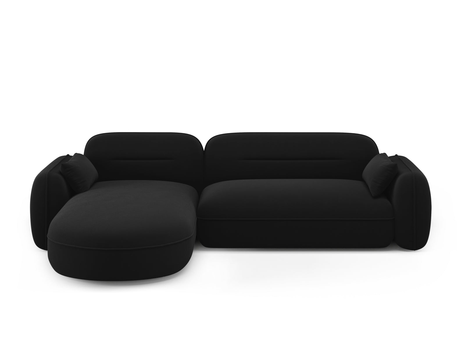 Elegantes, schwarzes Velour Ecksofa Sydney, linksseitig, für 4 Personen, bietet stilvolle Gemütlichkeit und vielseitige Gestaltungsmöglichkeiten.