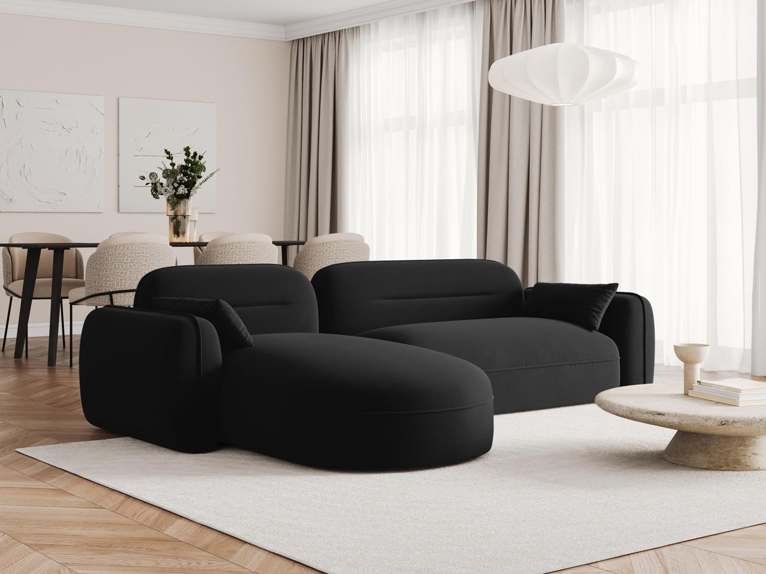 Modernes, schwarzes Velour Ecksofa Sydney, linksseitig, für 4 Personen, vereint Komfort und zeitgemäßes Design für jedes Wohnzimmer.