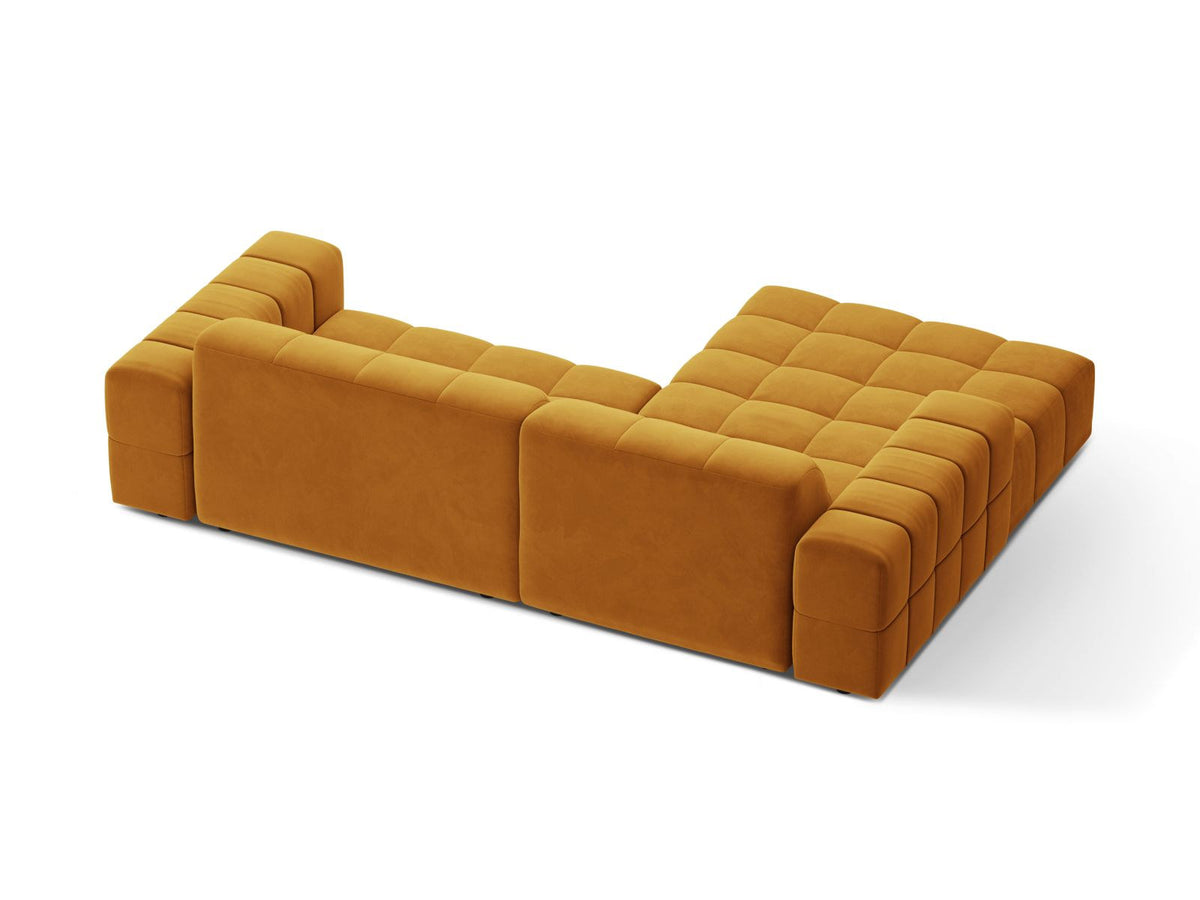 Ecksofa links Chicago in dunkelgrünem Samtstoff mit schwarzen Kunststoffbeinen, Massivholzrahmen und markanter Récamiere-Form.
