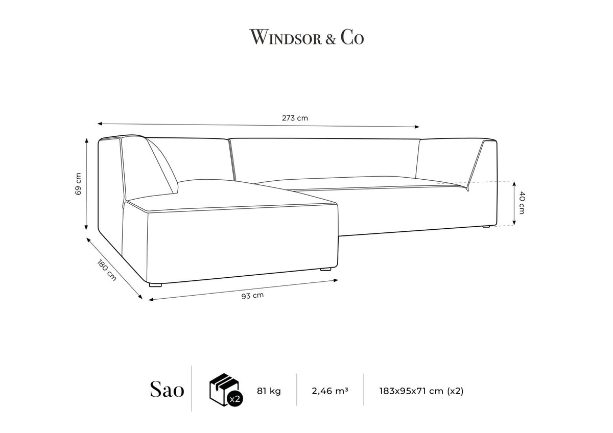 Modulares Ecksofa links in Beige-Salvador Samtstoff, schwarze Kunststoffbeine, Récamiere und gepolsterte Rückenlehne, 4-Sitzer, 180cm Breite.