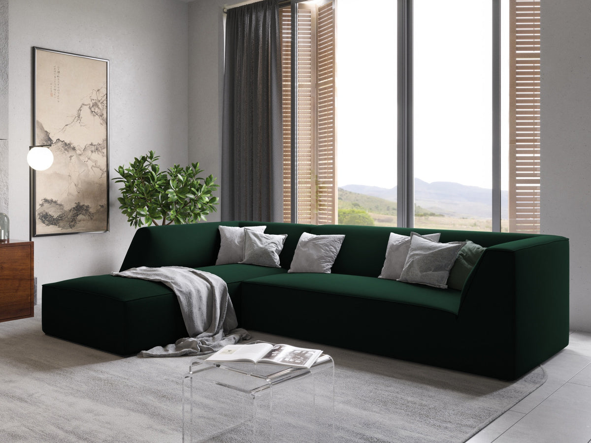 Modulares Ecksofa links in Beige-Salvador Samtstoff, schwarze Kunststoffbeine, Récamiere und gepolsterte Rückenlehne, 4-Sitzer, 180cm Breite.