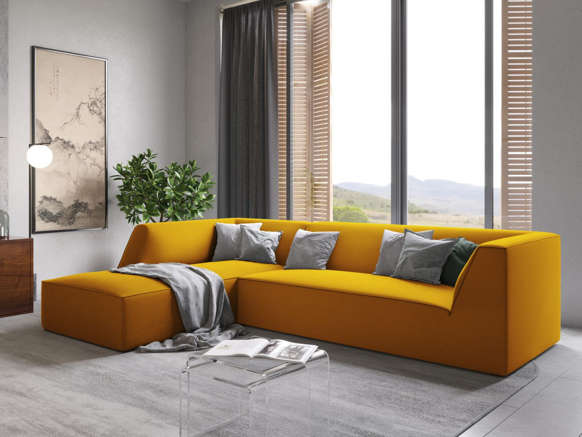 Modulares Ecksofa links in Beige-Salvador Samtstoff, schwarze Kunststoffbeine, Récamiere und gepolsterte Rückenlehne, 4-Sitzer, 180cm Breite.