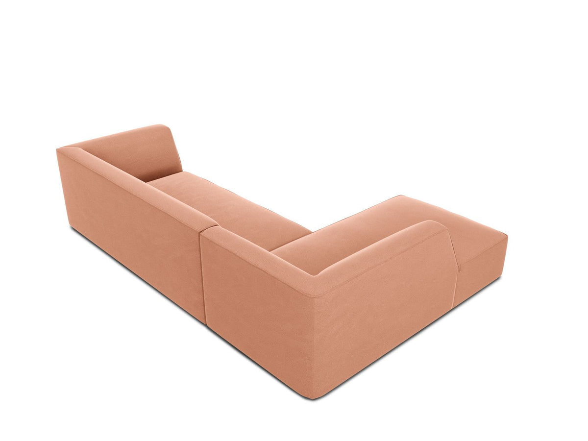 Modulares Ecksofa links in Beige-Salvador Samtstoff, schwarze Kunststoffbeine, Récamiere und gepolsterte Rückenlehne, 4-Sitzer, 180cm Breite.