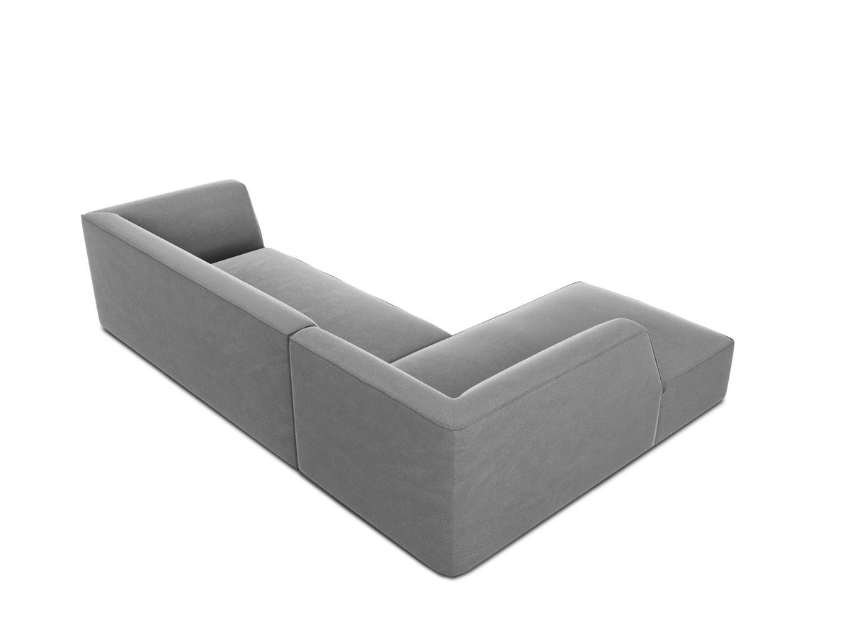 Modulares Ecksofa links in Beige-Salvador Samtstoff, schwarze Kunststoffbeine, Récamiere und gepolsterte Rückenlehne, 4-Sitzer, 180cm Breite.