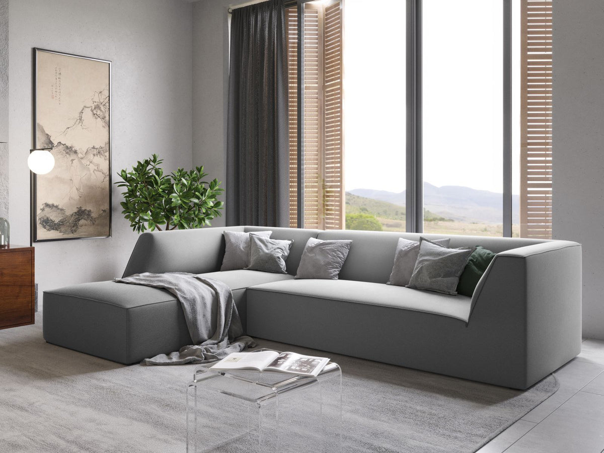 Modulares Ecksofa links in Beige-Salvador Samtstoff, schwarze Kunststoffbeine, Récamiere und gepolsterte Rückenlehne, 4-Sitzer, 180cm Breite.