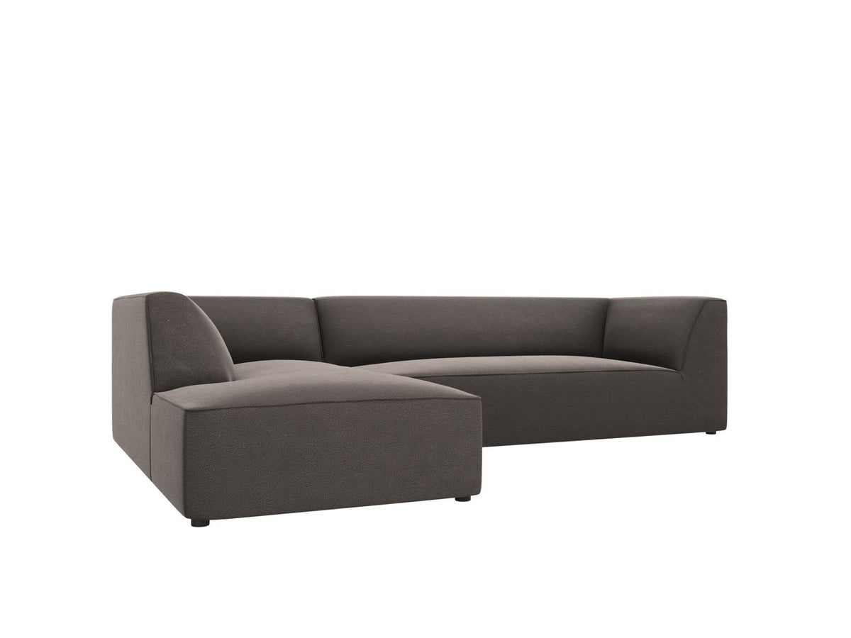 Modulares Ecksofa links in Beige-Salvador Samtstoff, schwarze Kunststoffbeine, Récamiere und gepolsterte Rückenlehne, 4-Sitzer, 180cm Breite.