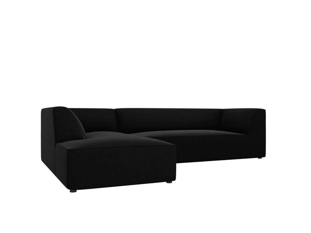 Modulares Ecksofa links in Beige-Salvador Samtstoff, schwarze Kunststoffbeine, Récamiere und gepolsterte Rückenlehne, 4-Sitzer, 180cm Breite.