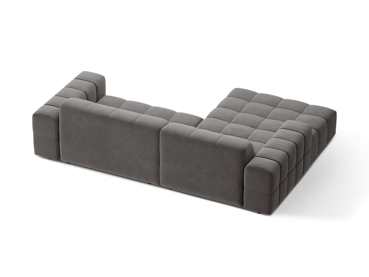 Ecksofa links Chicago in dunkelgrünem Samtstoff mit schwarzen Kunststoffbeinen, Massivholzrahmen und markanter Récamiere-Form.