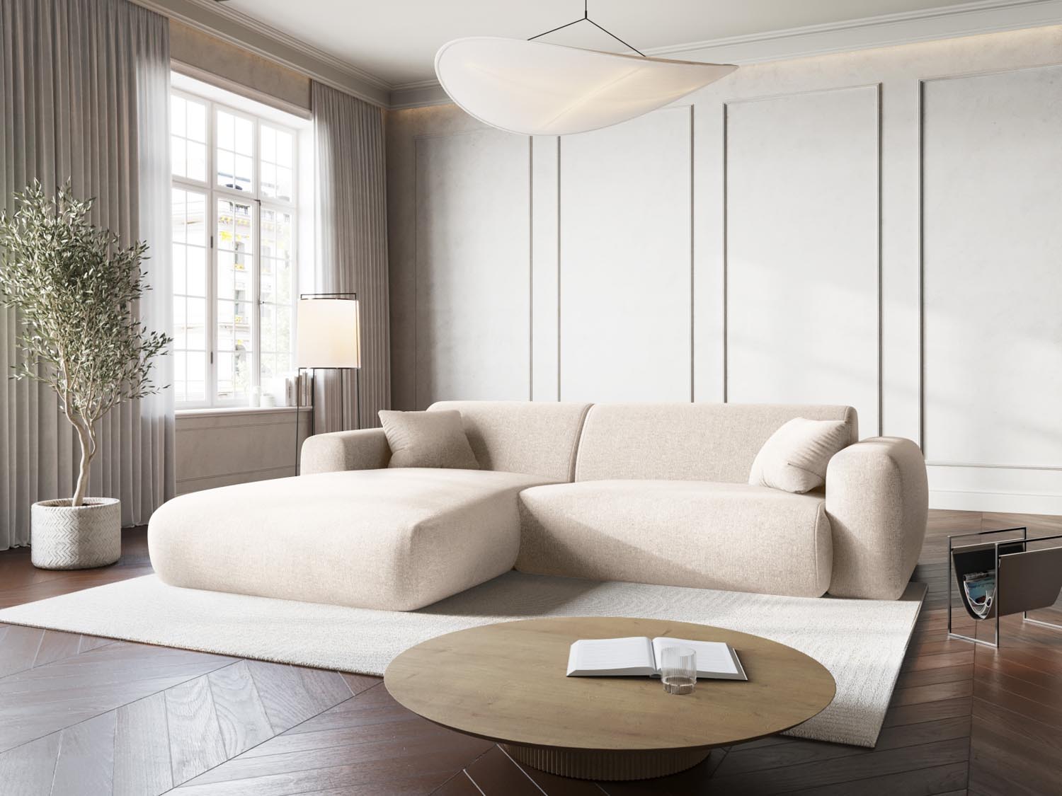 Elegantes Nolio Ecksofa links in hellem Beige, ideal für moderne Wohnräume, entworfen von Cosmopolitan Design.