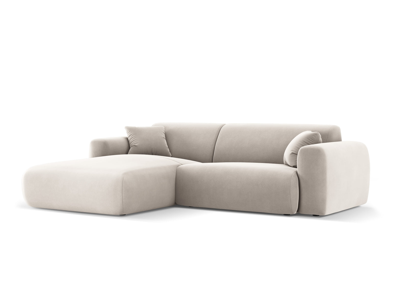 Modernes Nolio Velour Ecksofa links, 4-Sitzer in warmem Beige, perfekt für gemütliche Wohnzimmer, entworfen von Cosmopolitan Design.