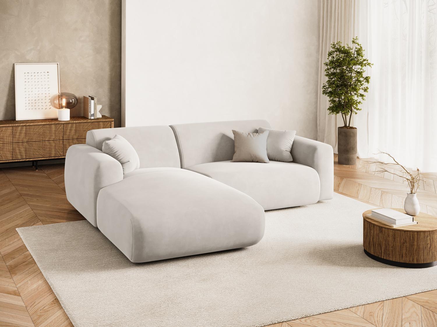Erleben Sie das elegante Nolio Velour Ecksofa links von Cosmopolitan Design. Dieses 4-Sitzer Sofa (170 cm) bietet perfekten Komfort und modernes Flair.