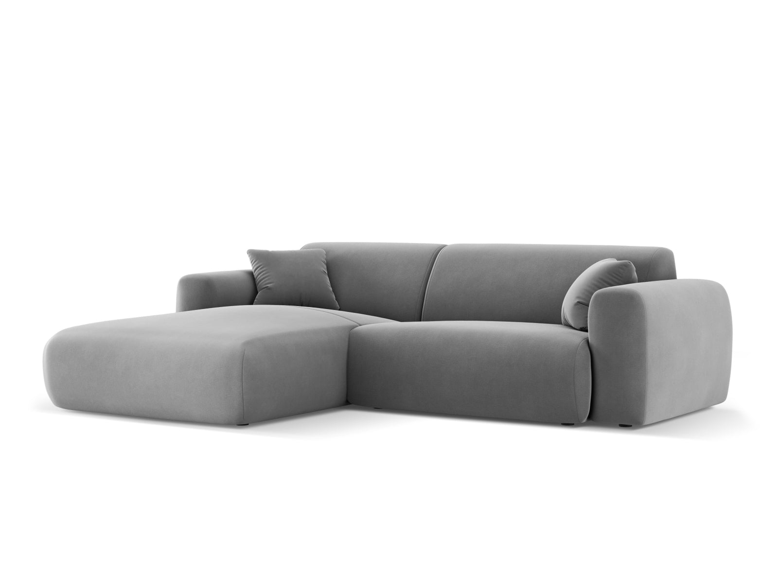 Modernes Nolio Velour Ecksofa links, 4-Sitzer in zartem Hellgrau, perfekt für gemütliche und stilvolle Wohnambiente von Cosmopolitan Design.