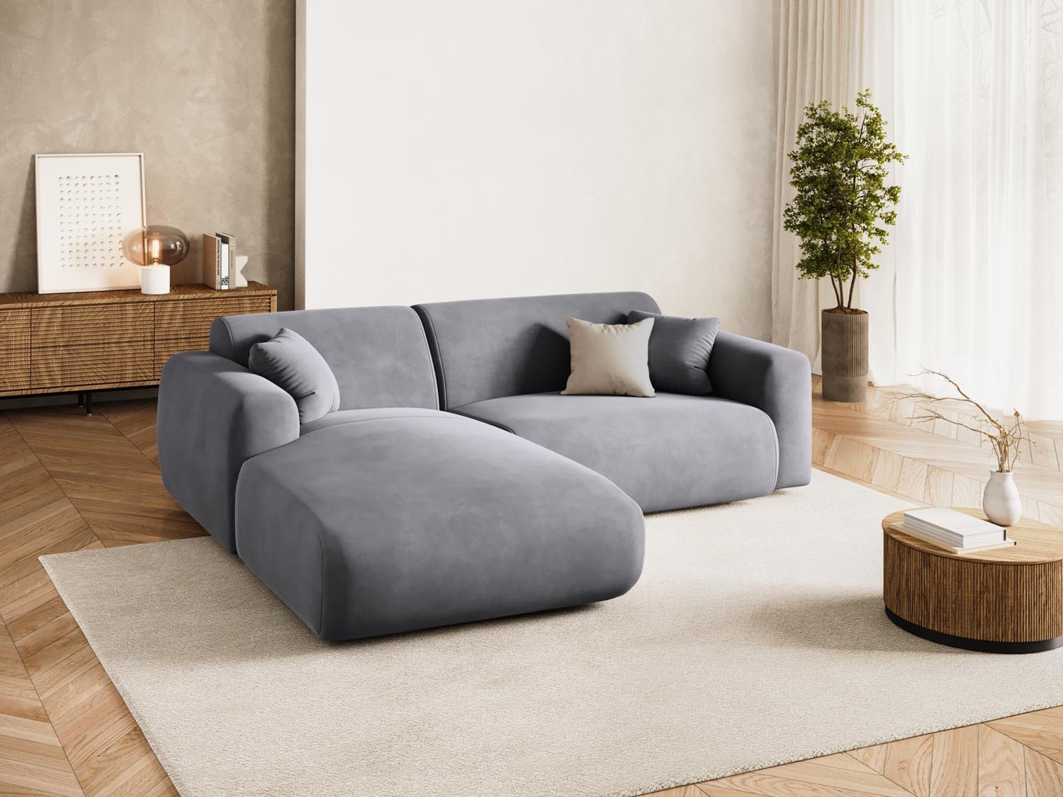 Elegantes Nolio Velour Ecksofa links, 4-Sitzer in luxuriösem Dunkelgrau, ideal für stilvolle Wohnräume von Cosmopolitan Design.