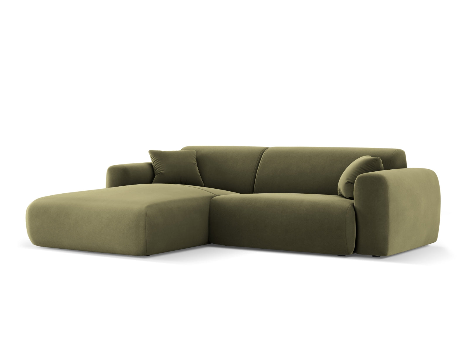 Modernes Nolio Velour Ecksofa links in zartem Hellgrün, perfekt für gemütliche Wohnzimmer. Geräumiger 4-Sitzer von Cosmopolitan Design.