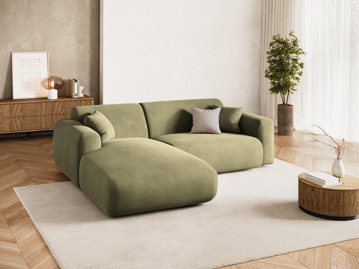 Elegantes Nolio Velour Ecksofa links in sanftem Hellgrün, ideal für stilvolle Wohnräume. Geräumiger 4-Sitzer von Cosmopolitan Design.
