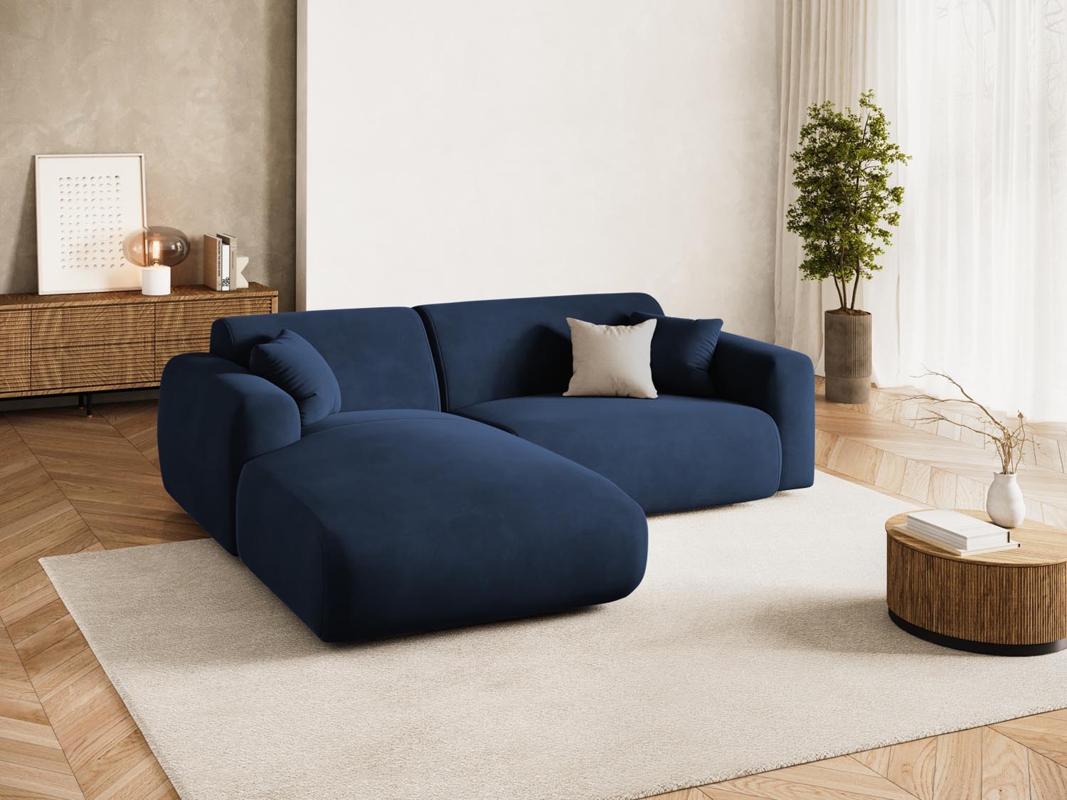 Elegantes Nolio Velour Ecksofa links in tiefem Royalblau, 4-Sitzer, 170 cm, ideal für stilvolle Wohnräume und entspannte Stunden.
