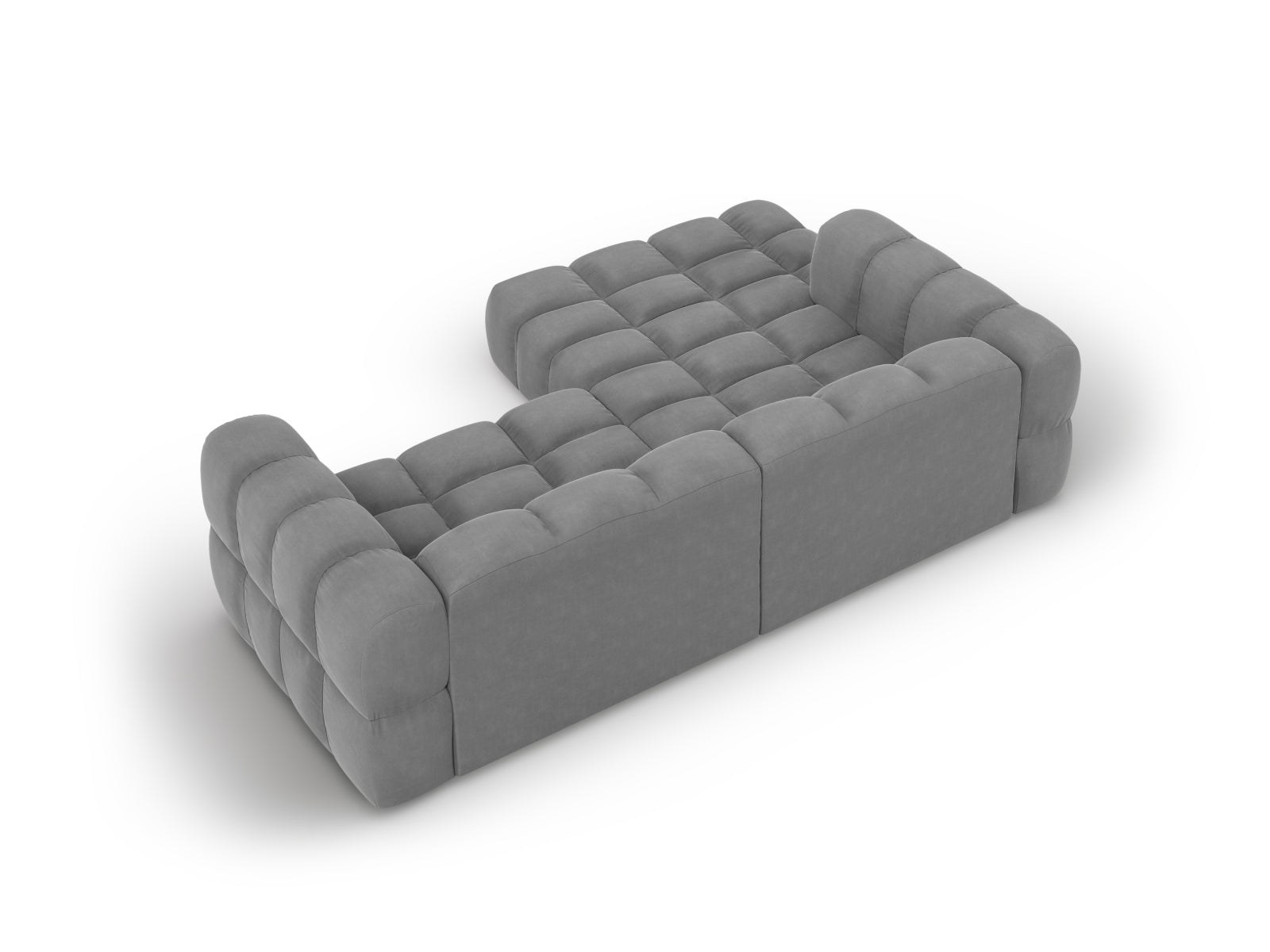 Elegantes modulares Ecksofa links in weichem Sky Velour, 3-Sitzer in dezentem Grau, ideal für stilvolle und einladende Wohnräume.