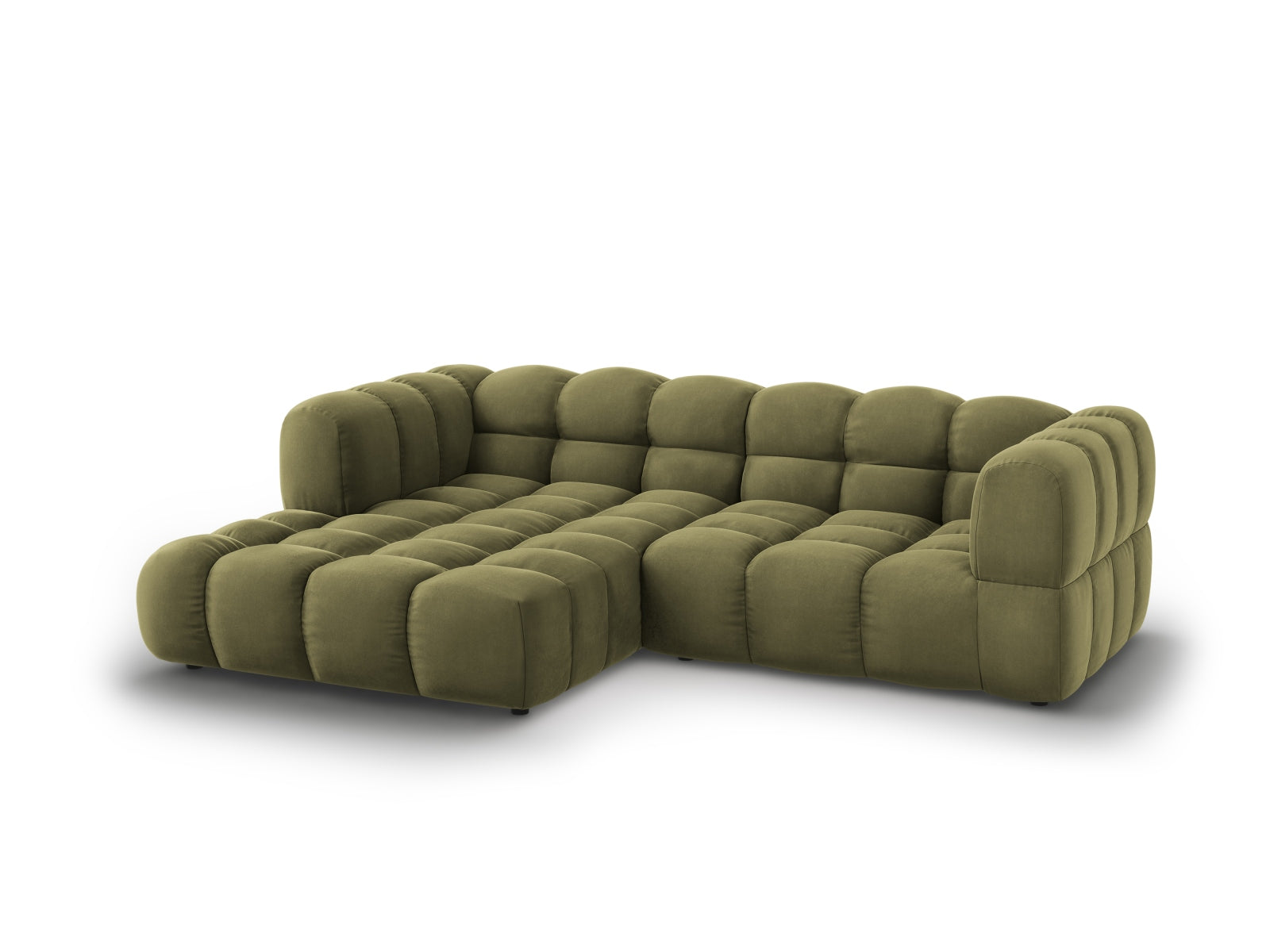 Elegantes Sky Velour Ecksofa links, 3-Sitzer, 162 cm in sanftem Hellgrün, ideal für stilvolle Wohnräume, von Cosmopolitan Design.