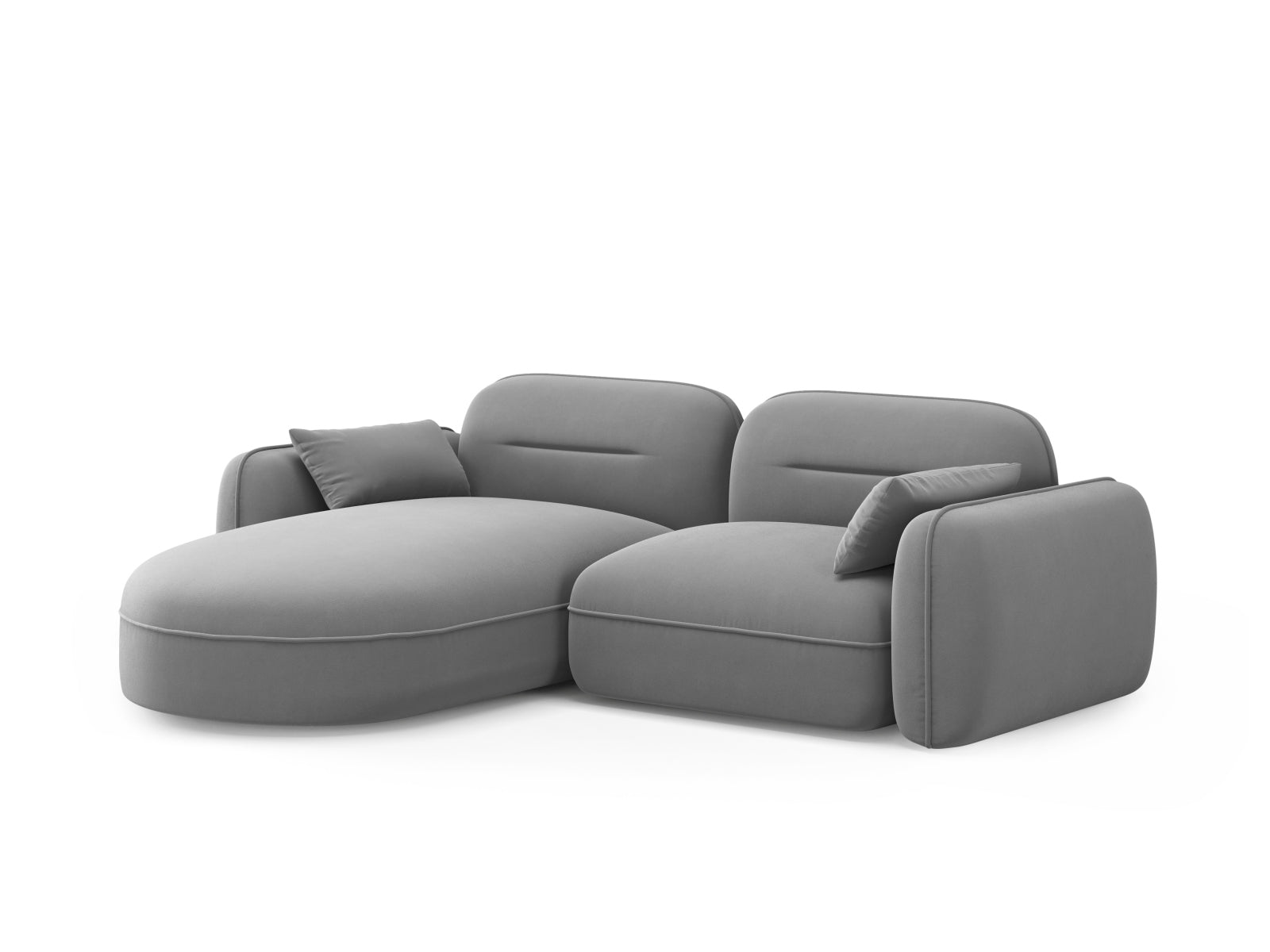 Modulares Sydney Velour Ecksofa in sanftem Hellgrau, bietet großzügigen Sitzkomfort und modernes Design für jeden Wohnraum.