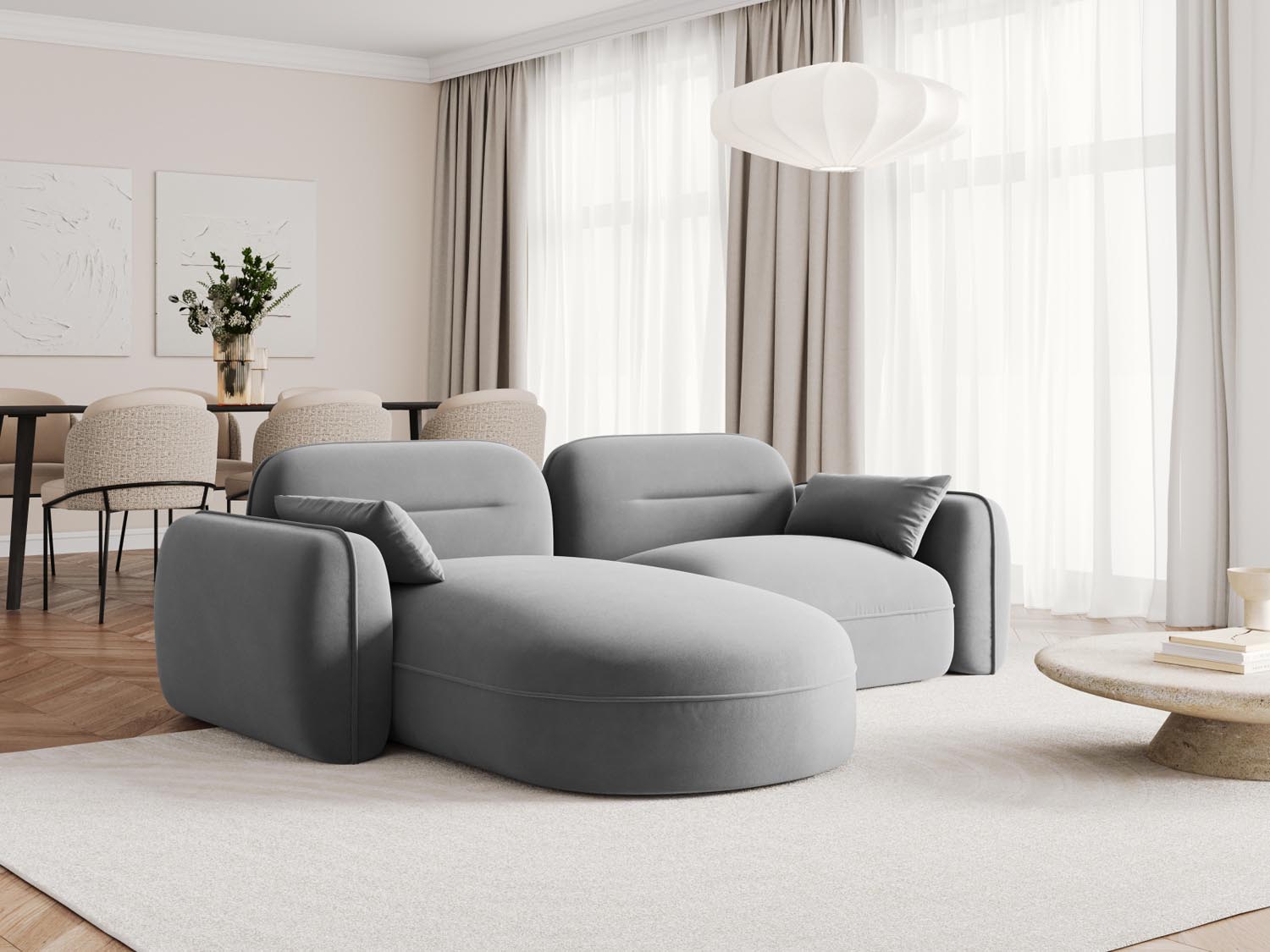 Elegantes Sydney Velour Ecksofa in Hellgrau, ideal für stilvolle Wohnräume. Modular und komfortabel, perfekt für entspannte Abende.