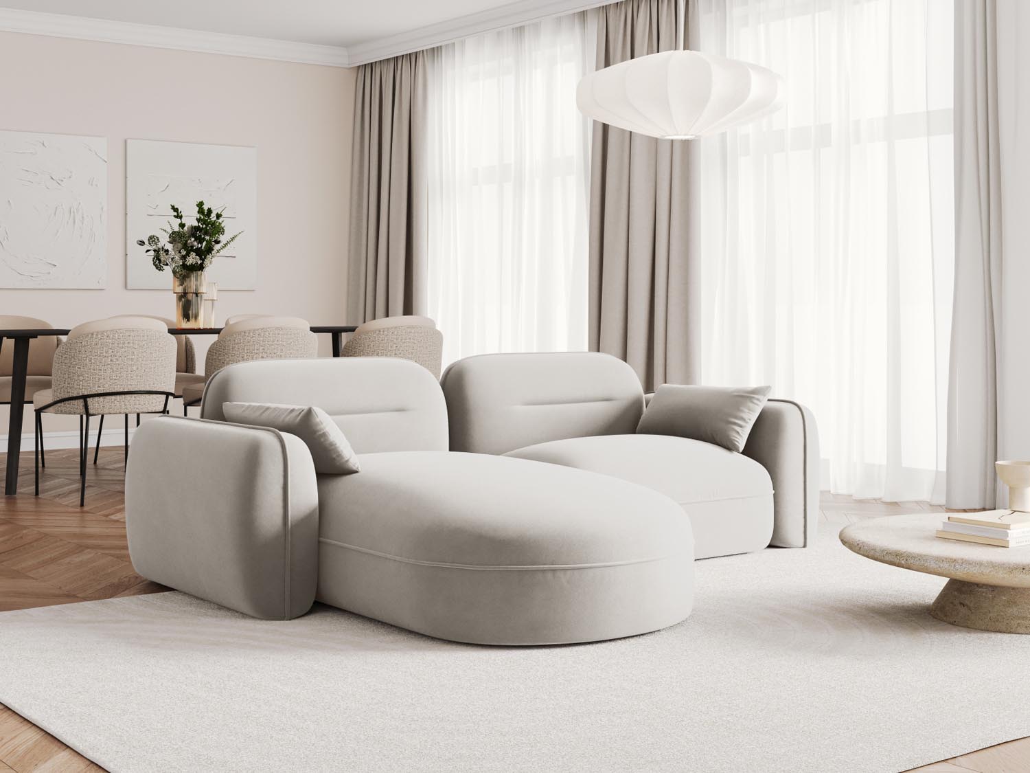 Elegantes Sydney Velour Ecksofa in Light Beige, ideal für stilvolle Wohnräume. Modular und vielseitig einsetzbar, perfekt für entspannte Abende.