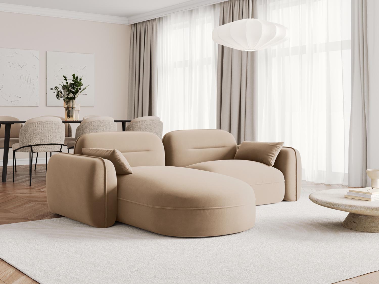 Elegantes Sydney Velour Ecksofa in Sand-Casino, ideal für stilvolle Wohnräume. Modular und komfortabel, perfekt für entspannte Abende.