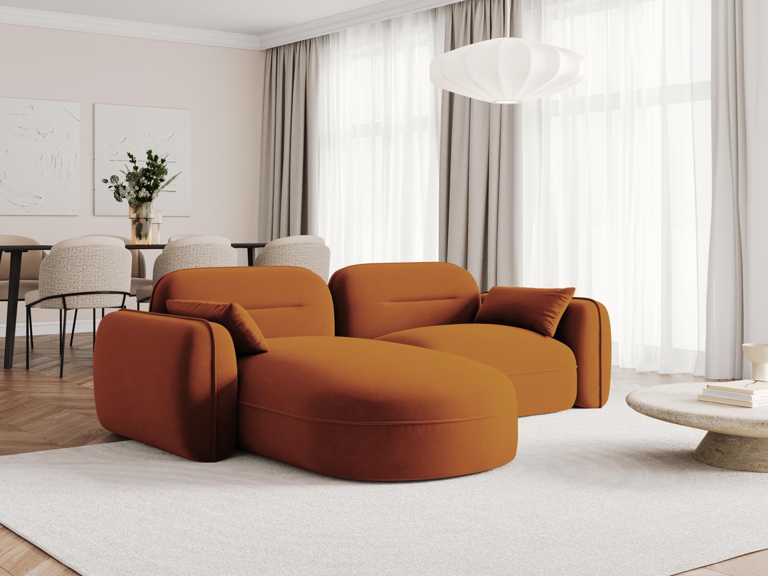 Elegantes Sydney Velour Ecksofa in Terracotta, ideal für stilvolle Wohnräume. Modular und komfortabel, perfekt für entspannte Abende.