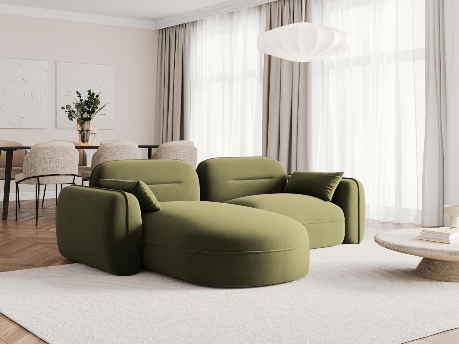 Elegantes Sydney Velour Ecksofa in sanftem Hellgrün, ideal für stilvolle Wohnräume. Modular und vielseitig einsetzbar.