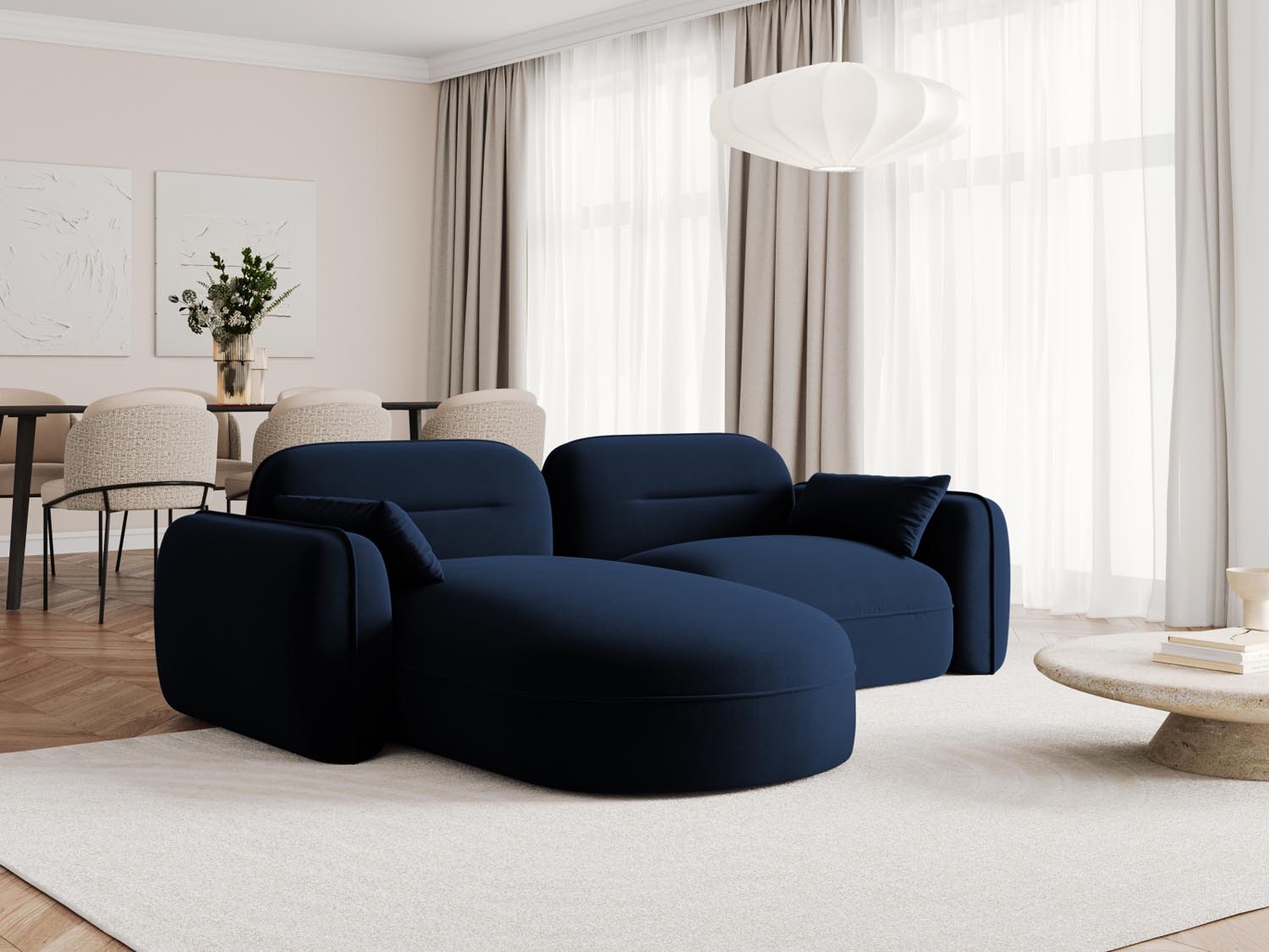 Elegantes Sydney Velour Ecksofa in Royal Blue, ideal für stilvolle Wohnräume. Modular und komfortabel, perfekt für entspannte Abende.