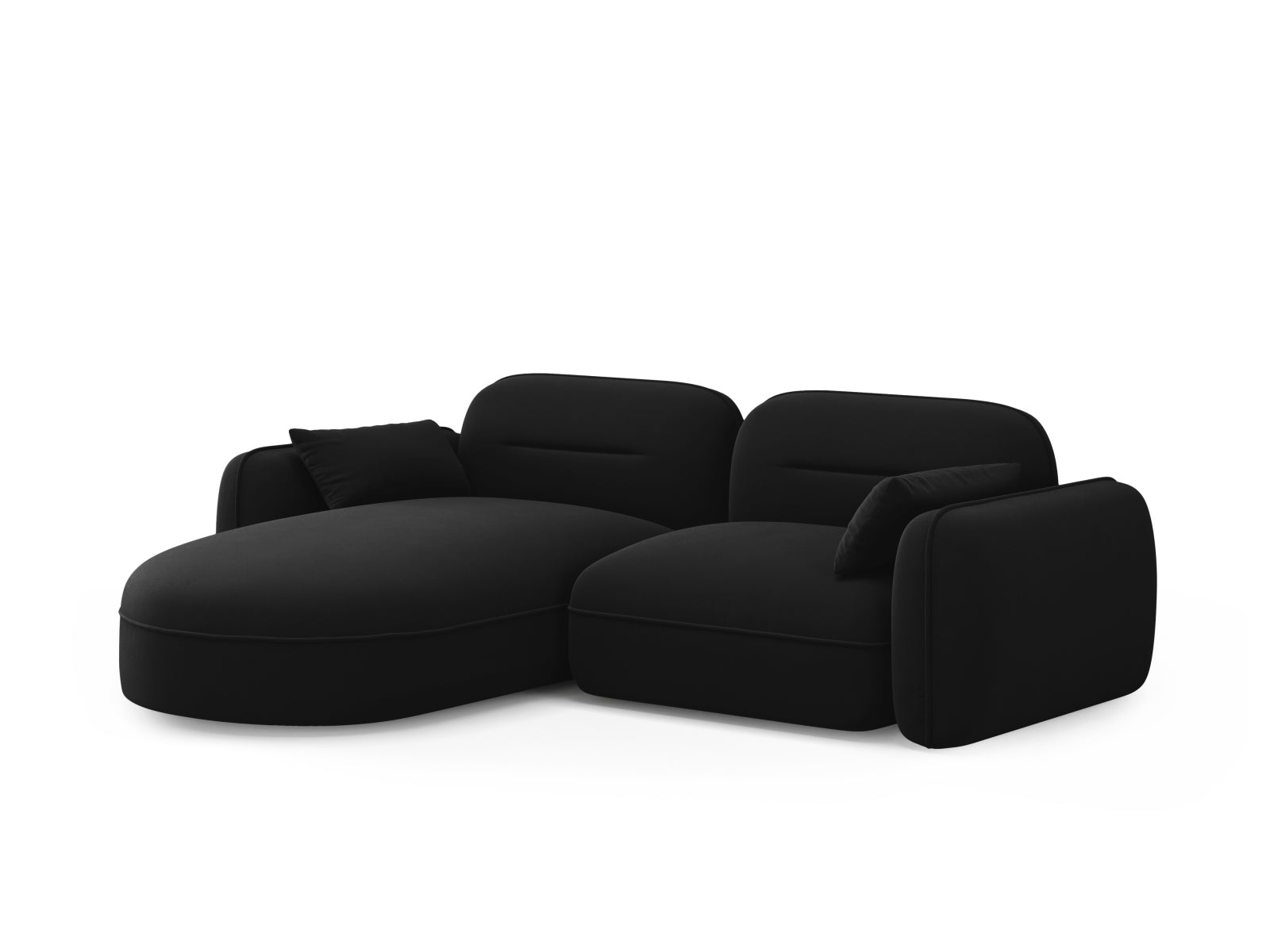 Modulares Sydney Velour Ecksofa in edlem Schwarz, bietet Komfort und Stil für jedes Wohnzimmer. Ideal für kreative Raumgestaltungen.