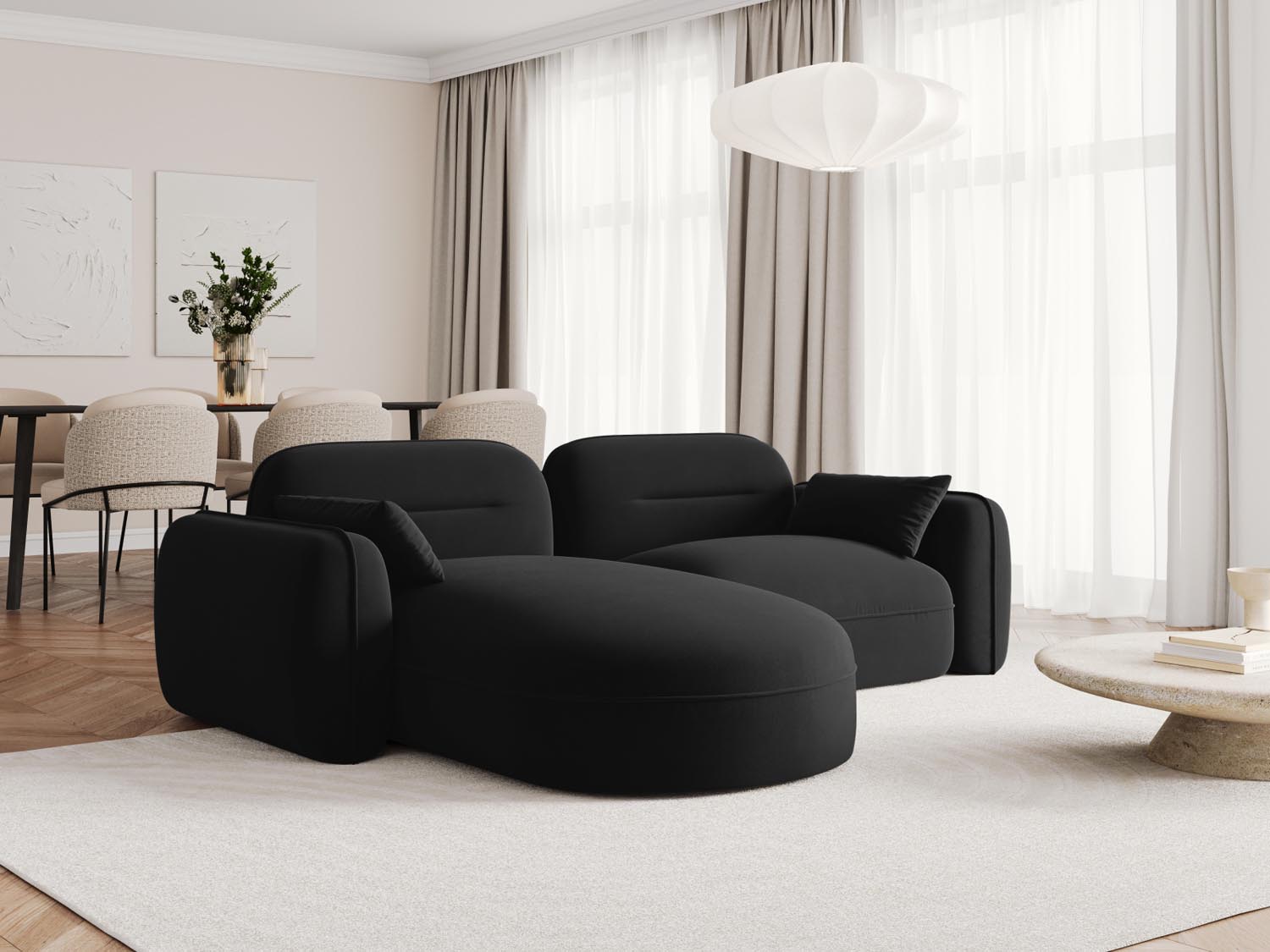 Elegantes Sydney Velour Ecksofa in Schwarz, ideal für moderne Wohnräume. Modular und vielseitig, perfekt für stilvolle Einrichtung.