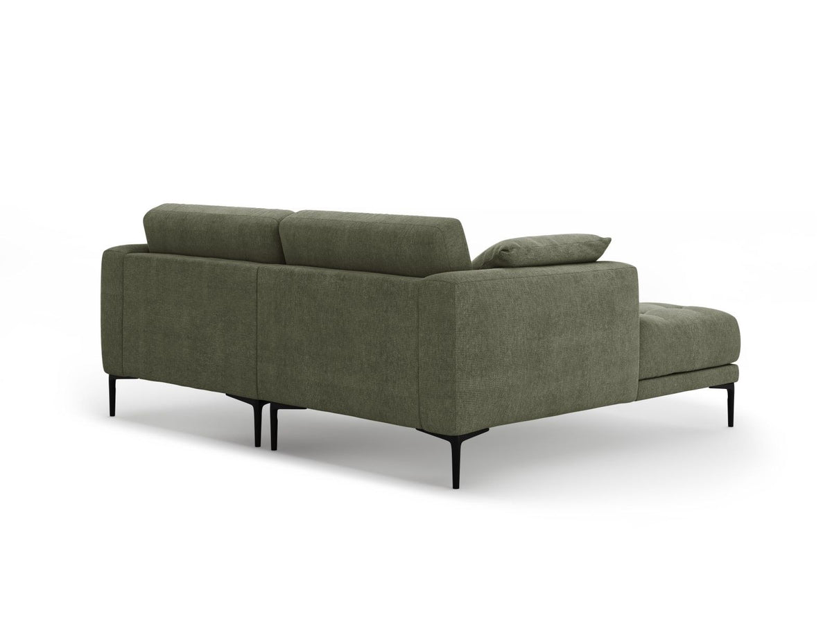 Ecksofa Links Lazio von Cosmopolitan Design in Beige mit Sorella-Stoffbezug, Massivholzrahmen und schwarzen Metallbeinen, seitliche Ansicht.