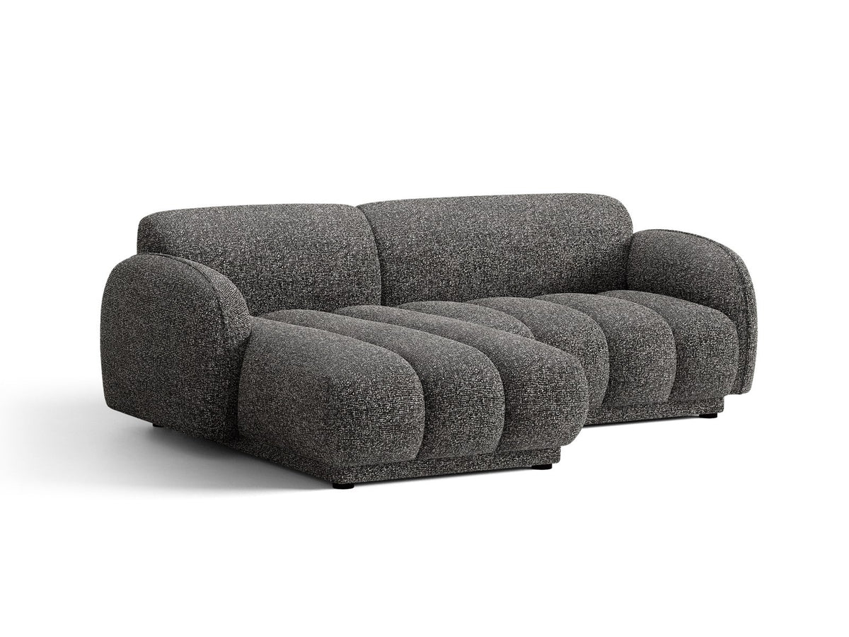 Beige-meliertes Boucle-Ecksofa links mit Récamiere, Massivholzrahmen und schwarzen Kunststoffbeinen, Cosmopolitan Design Bilbao Serie.