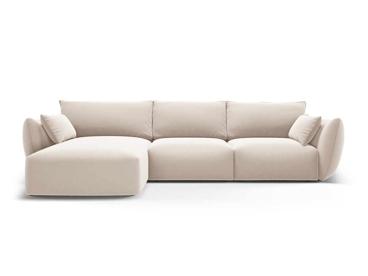 Ecksofa links Matera in Beige mit Récamière und niedrigen schwarzen Beinen
