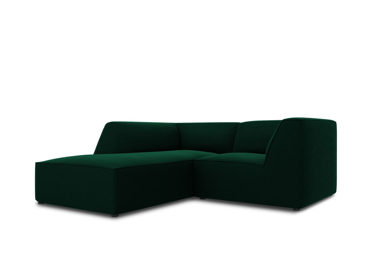 Modulares Ecksofa in Beige-Samt mit Récamiere links, Massivholzrahmen, schwarzen Kunststoffbeinen und weicher Samtpolsterung.