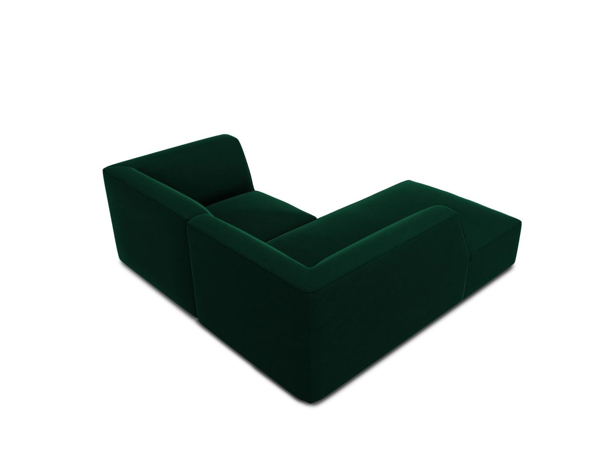 Modulares Ecksofa in Beige-Samt mit Récamiere links, Massivholzrahmen, schwarzen Kunststoffbeinen und weicher Samtpolsterung.