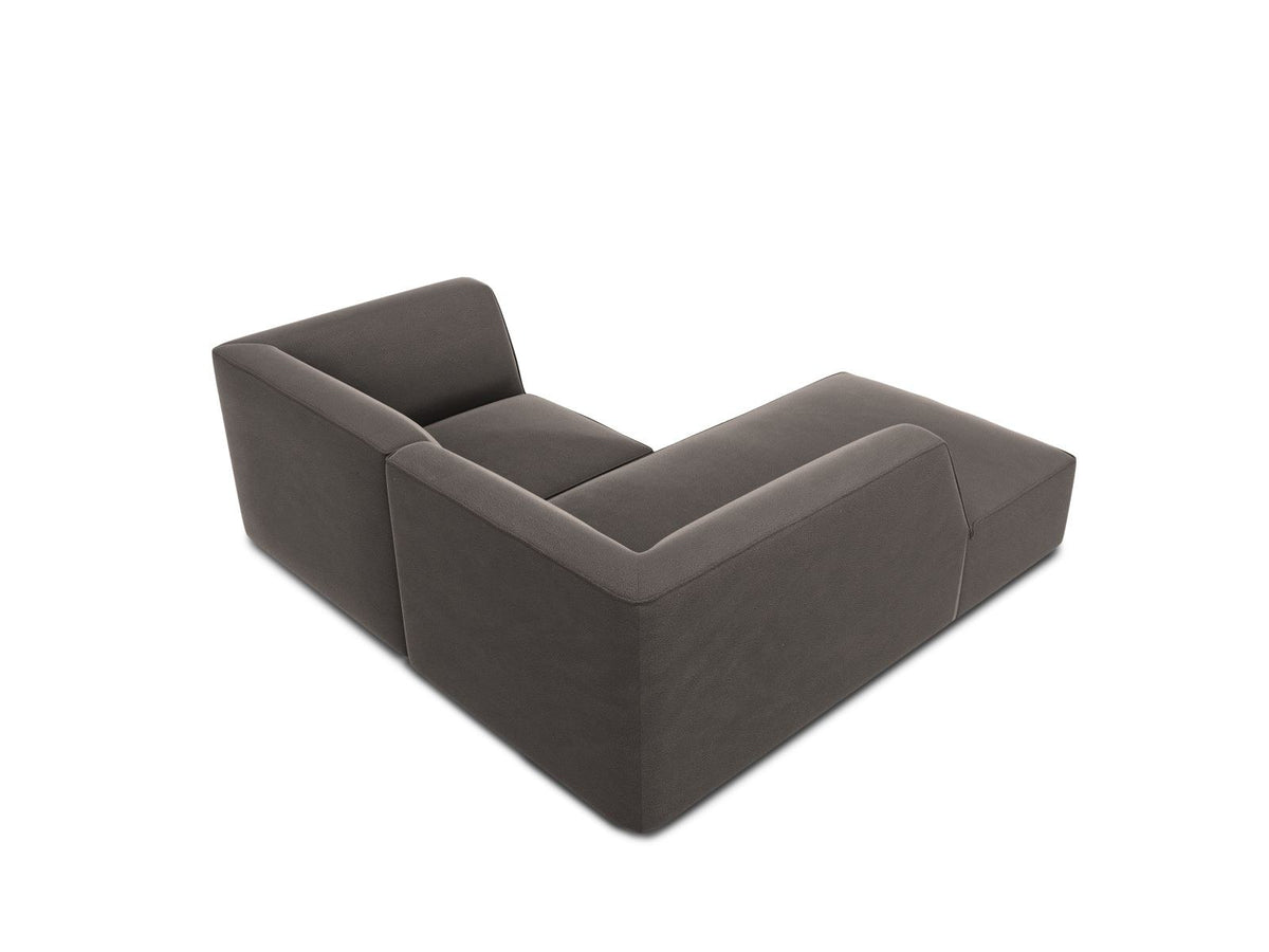 Modulares Ecksofa in Beige-Samt mit Récamiere links, Massivholzrahmen, schwarzen Kunststoffbeinen und weicher Samtpolsterung.