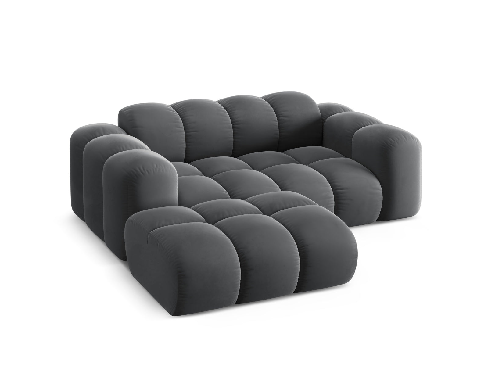 Modernes 2-Sitzer Ecksofa Treno in Grau-Bluvel, ideal für gemütliche Wohnräume, erhältlich bei Cosmopolitan Design.