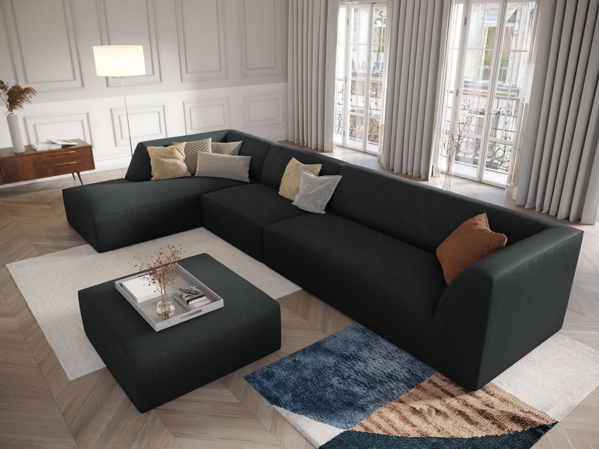 Runder Pouf mit hellblauem Cordstoff-Bezug, schwarzen Kunststoffbeinen und Massivholzrahmen, Modell Siena von Cosmopolitan Design.