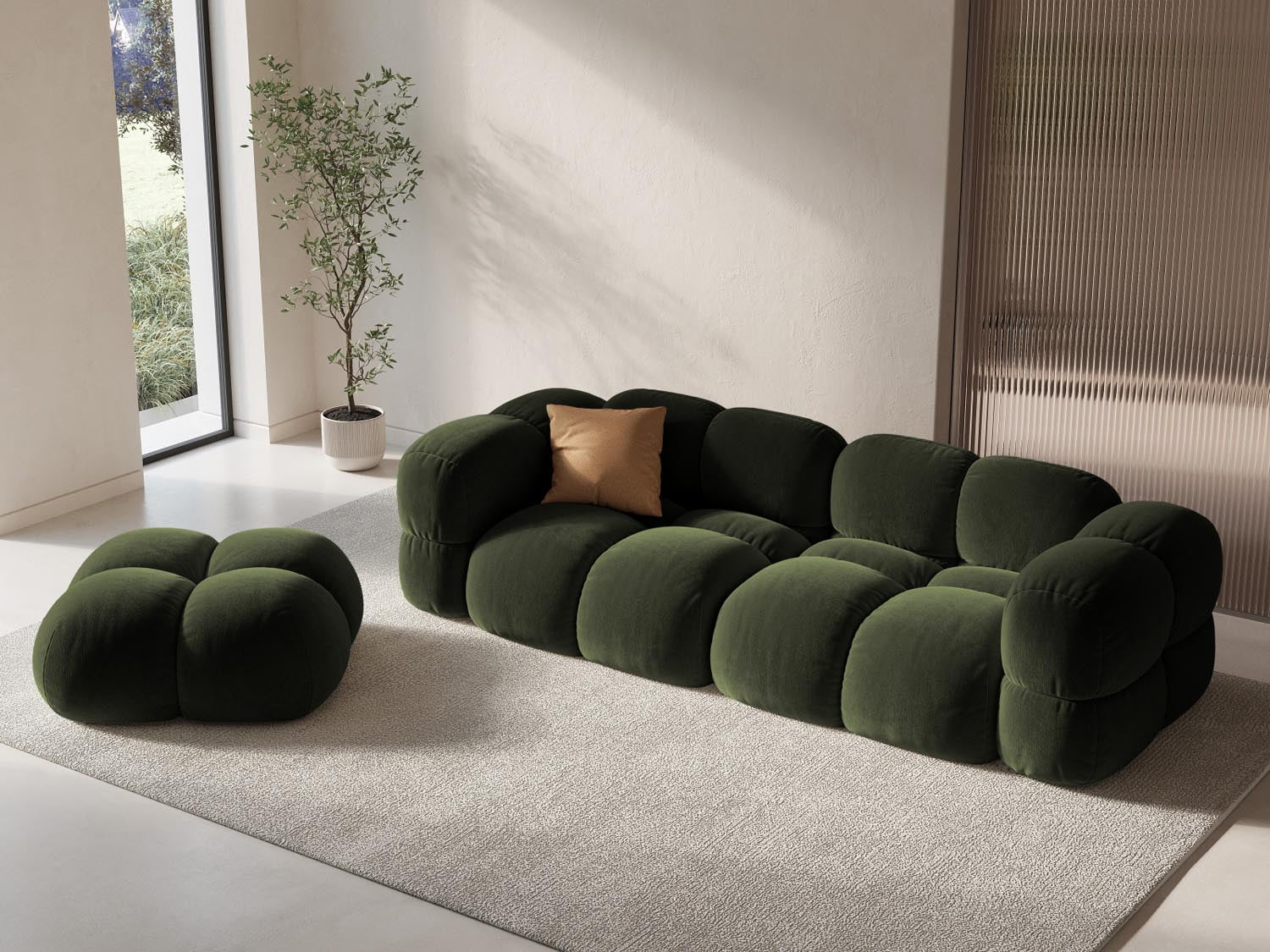 Eleganter Loretto Velour Pouf in sattem Grün, 90 cm Durchmesser, ideal für stilvolle Wohnräume und gemütliche Sitzgelegenheiten.