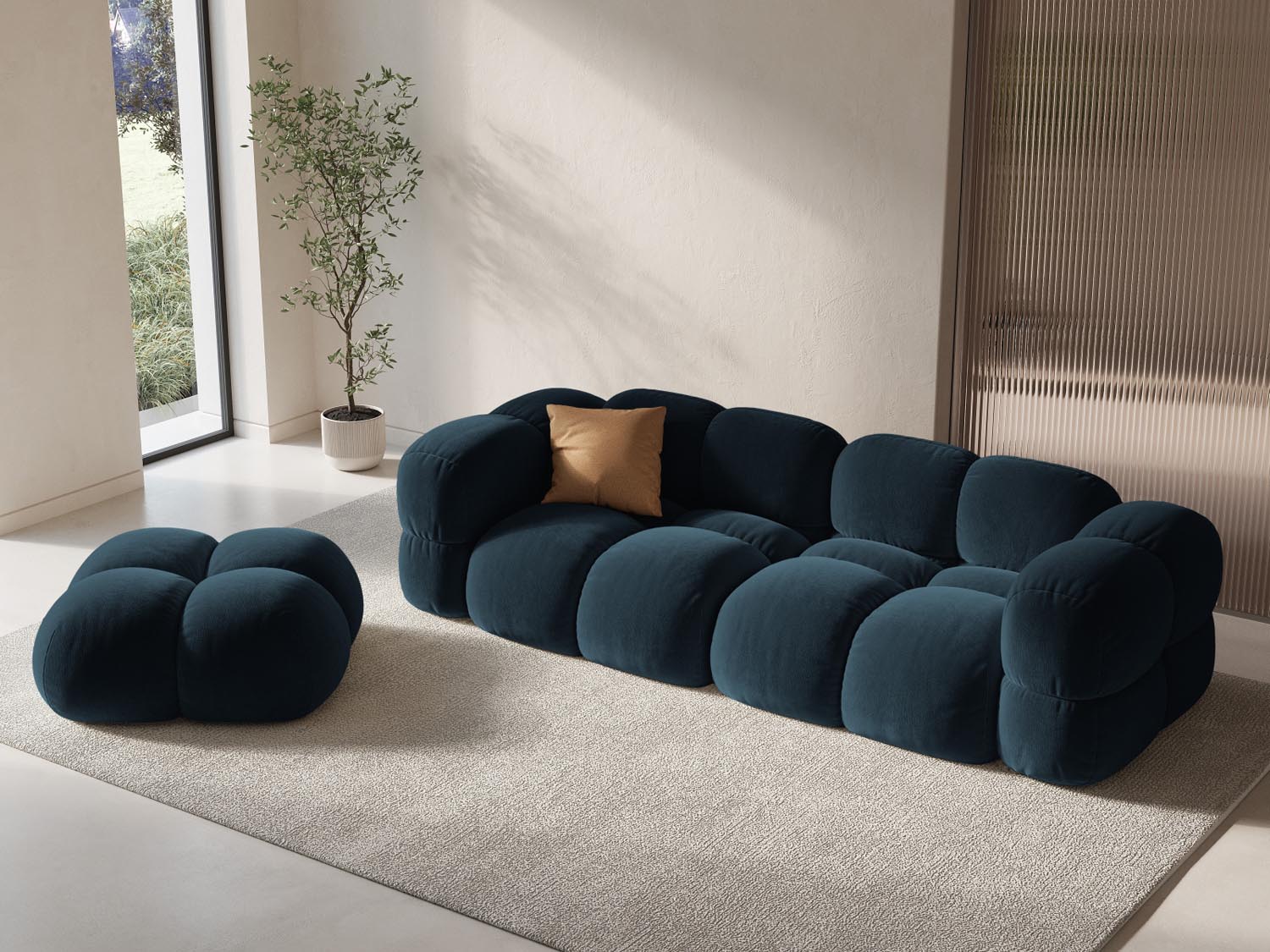 Eleganter Loretto Velour Pouf in tiefem Petrol, 90 cm Durchmesser, ideal für stilvolle Wohnräume und gemütliche Sitzgelegenheiten.