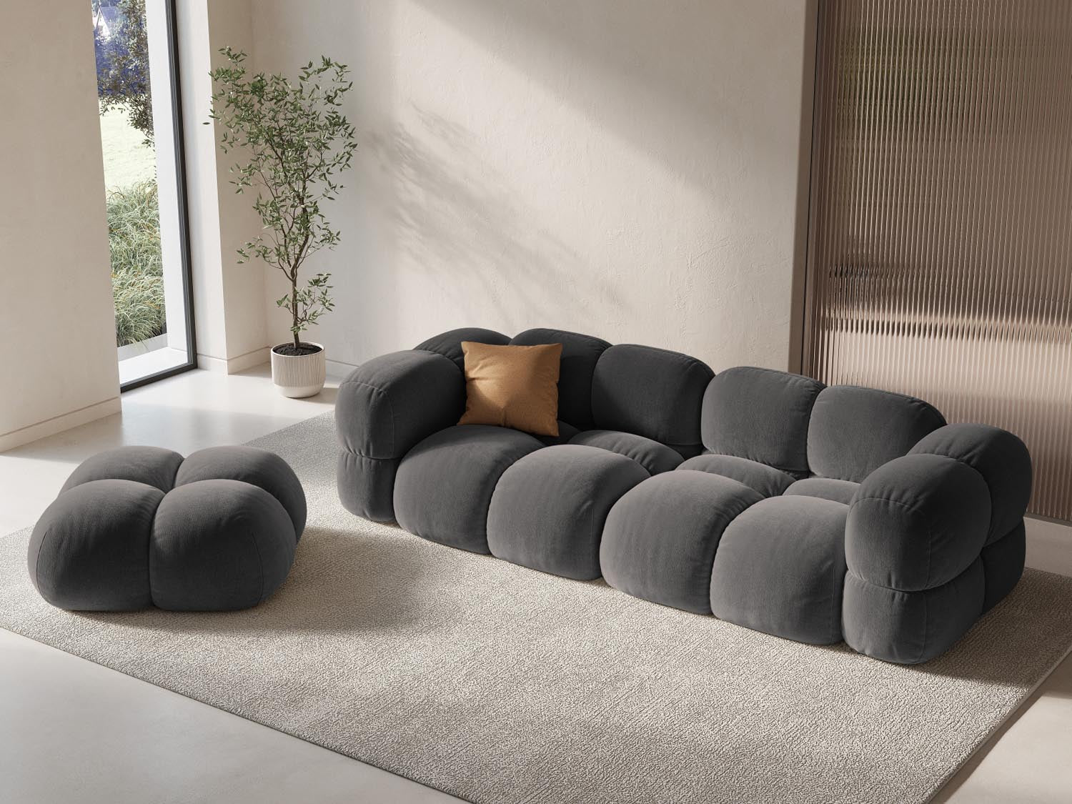 Eleganter Loretto Velour Pouf in Grau, 90 cm Durchmesser, ideal für stilvolle Wohnräume und gemütliche Sitzgelegenheiten.