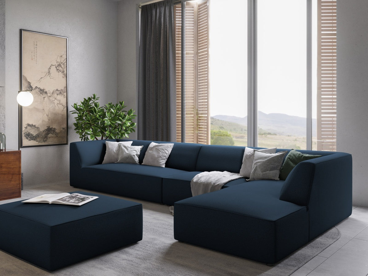 Runder Pouf mit hellblauem Cordstoff-Bezug, schwarzen Kunststoffbeinen und Massivholzrahmen, Modell Siena von Cosmopolitan Design.